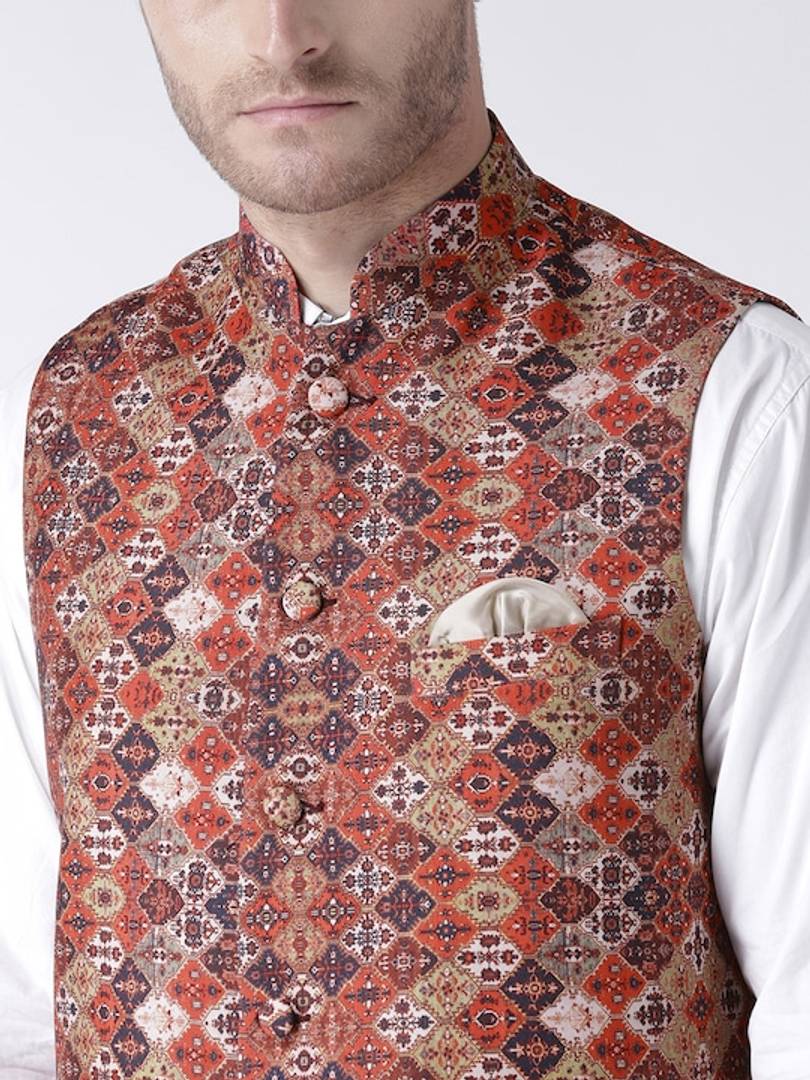 Men's Multicoloured 
Cotton Blend
 Printed Nehru Jackets